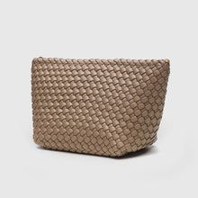 Load image into Gallery viewer, A taupe-colored, handwoven makeup bag with zipper closure