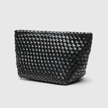Load image into Gallery viewer, A black leather makeup bag with a woven design.