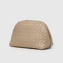 Load image into Gallery viewer, A small taupe makeup bag with a woven pattern, featuring a zipper closure.