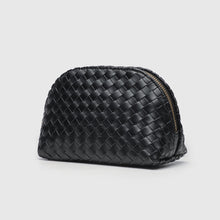 Load image into Gallery viewer, A small black makeup bag made of vegan leather with a zipper closure, featuring a woven pattern.