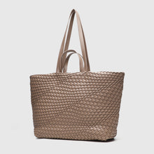 Load image into Gallery viewer, A woven tote bag in dark brown color with zipper closure and light gold hardware.
