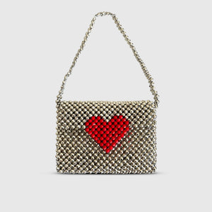 Alkeme Atelier Beaded Red Heart Cross Body Bag  - Silver