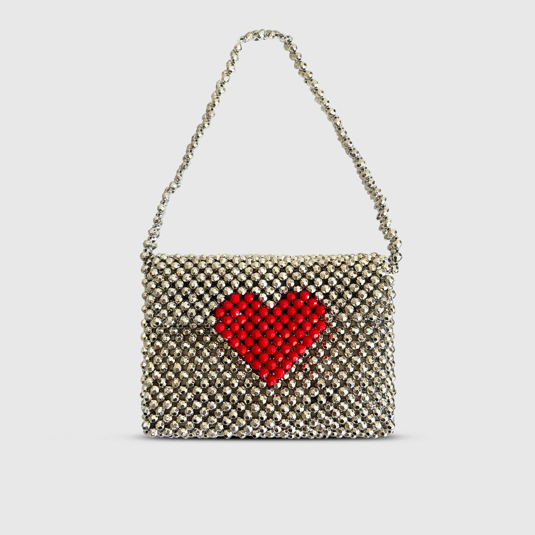 Alkeme Atelier Beaded Red Heart Cross Body Bag  - Silver