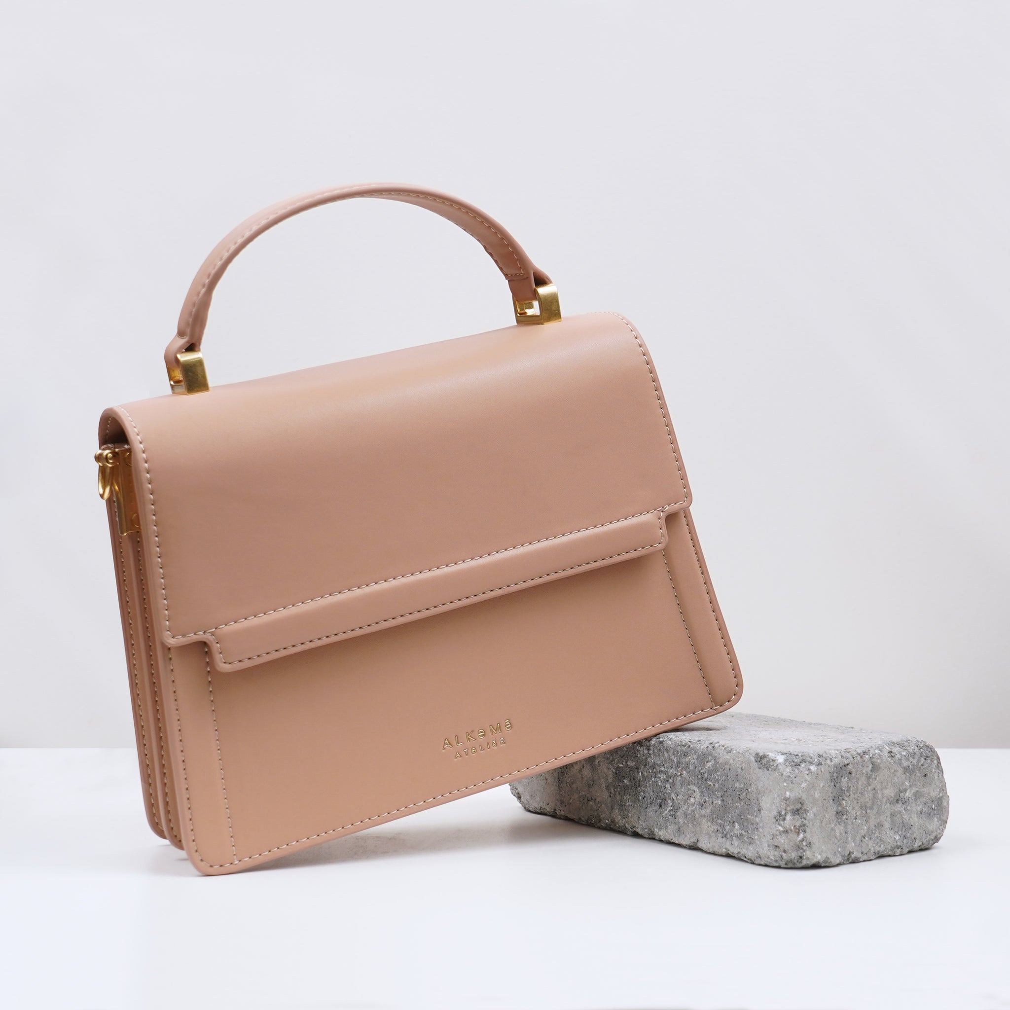 Apricot Leather Round Crossbody Bag Metal Top Handle Handbags